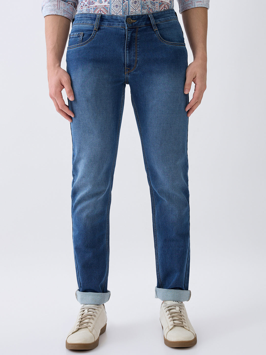 Parx Men Blue Knitted Low Rise Tapered Fit Cotton Blend Jeans