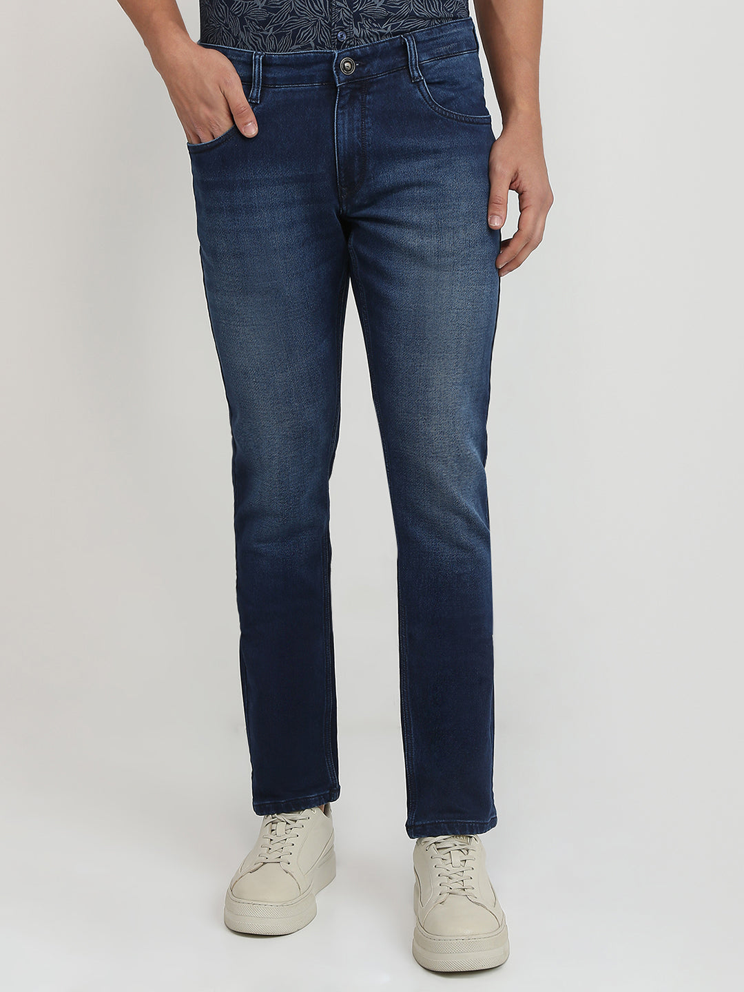 Parx Men Blue Knitted Low Rise Tapered Fit Cotton Blend Jeans