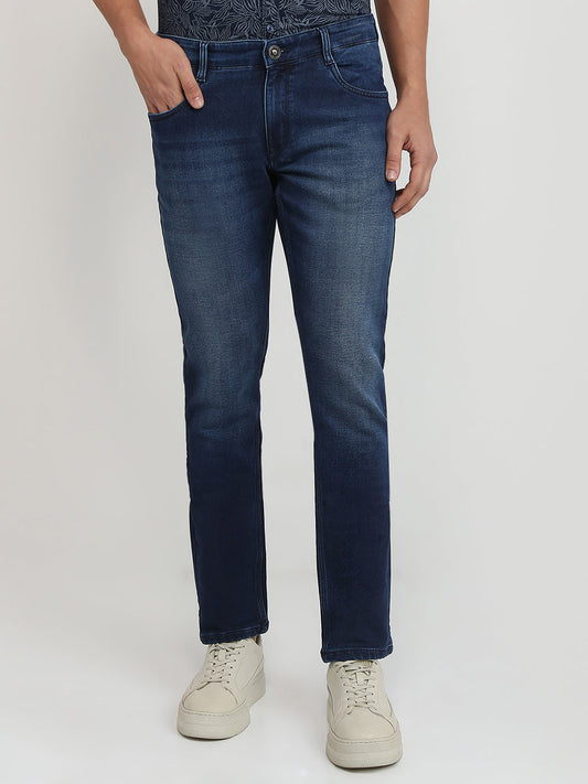 Parx Men Blue Knitted Low Rise Tapered Fit Cotton Blend Jeans