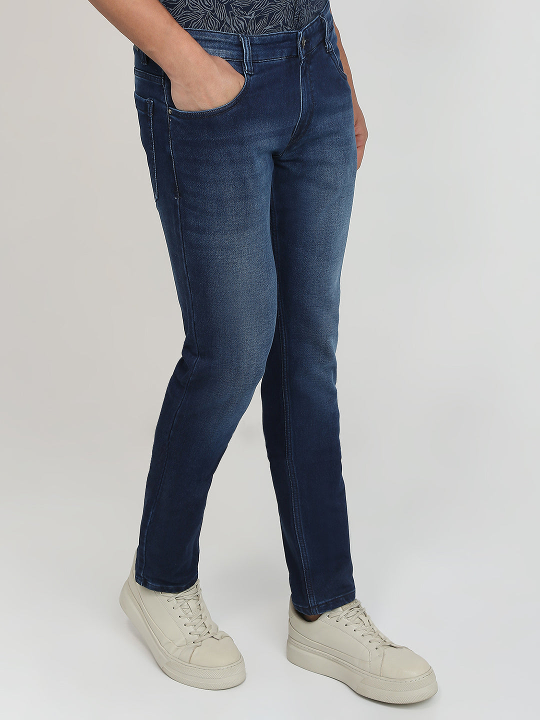 Parx Men Blue Knitted Low Rise Tapered Fit Cotton Blend Jeans