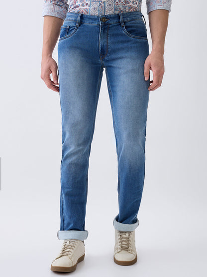 Parx Men Blue Knitted Low Rise Tapered Fit Cotton Blend Jeans