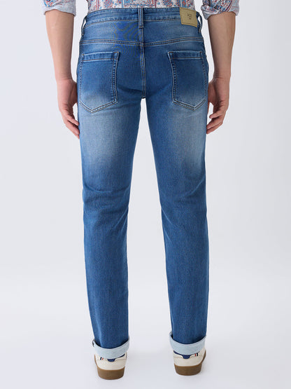 Parx Men Blue Knitted Low Rise Tapered Fit Cotton Blend Jeans