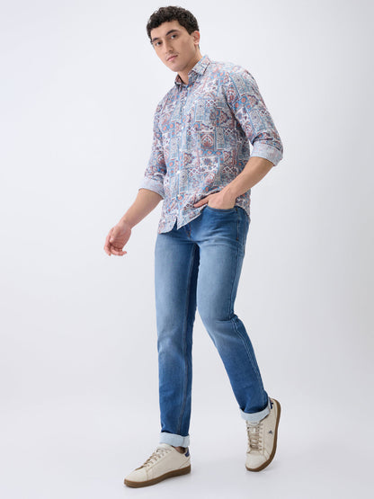 Parx Men Blue Knitted Low Rise Tapered Fit Cotton Blend Jeans