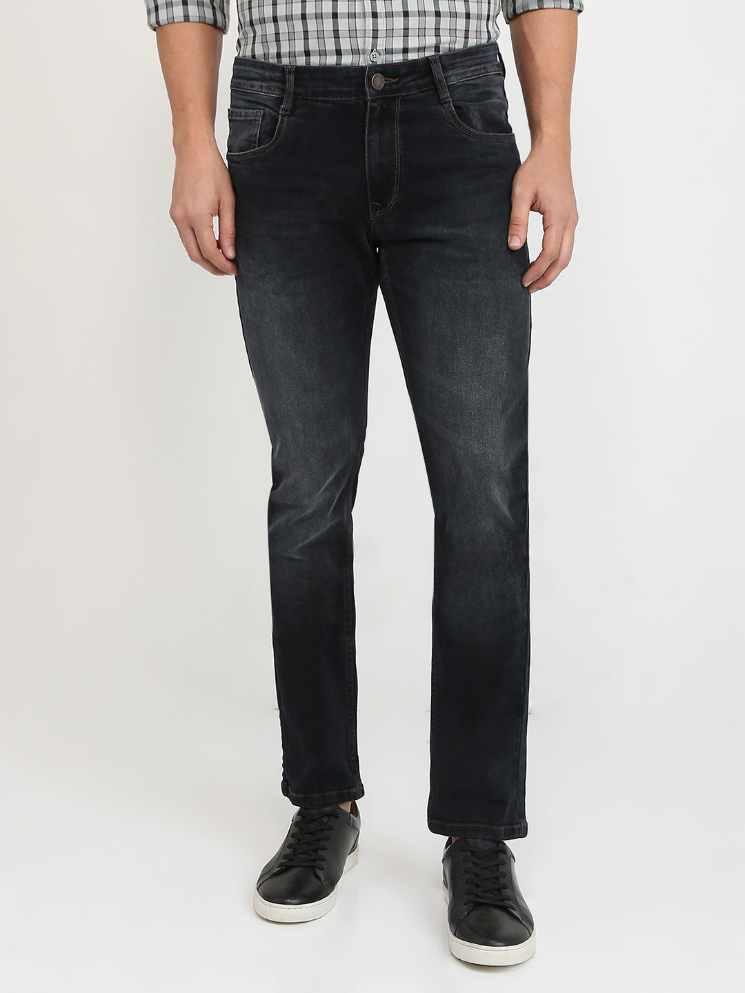 Parx Men Black Twill Low Rise Tapered Fit Cotton Blend Jeans