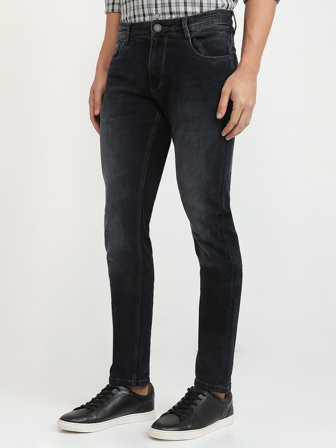 Parx Men Black Twill Low Rise Tapered Fit Cotton Blend Jeans