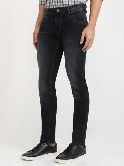 Parx Men Black Twill Low Rise Tapered Fit Cotton Blend Jeans