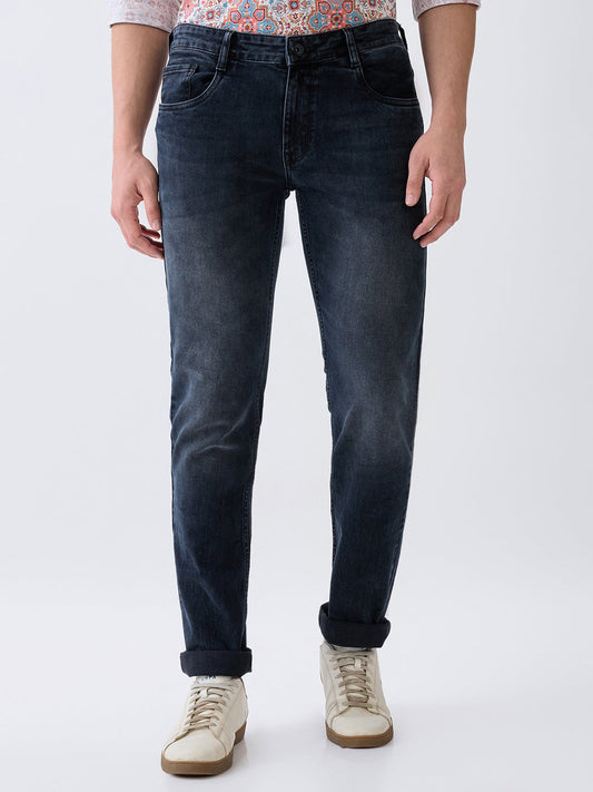 Parx Men Black Twill Low Rise Tapered Fit Cotton Blend Jeans