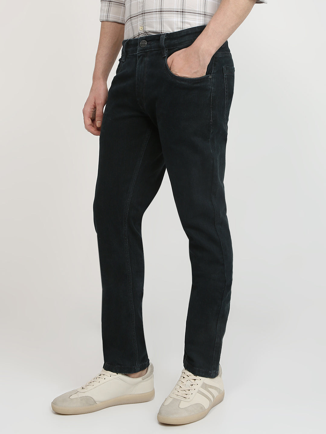 Parx Men Green Twill Low Rise Tapered Fit Cotton Blend Jeans