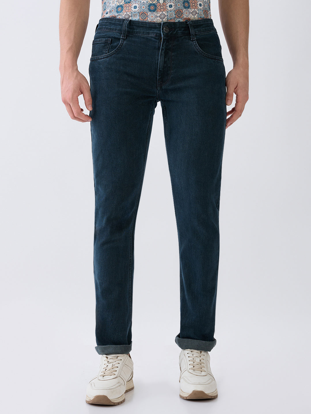 Parx Men Green Twill Low Rise Tapered Fit Cotton Blend Jeans