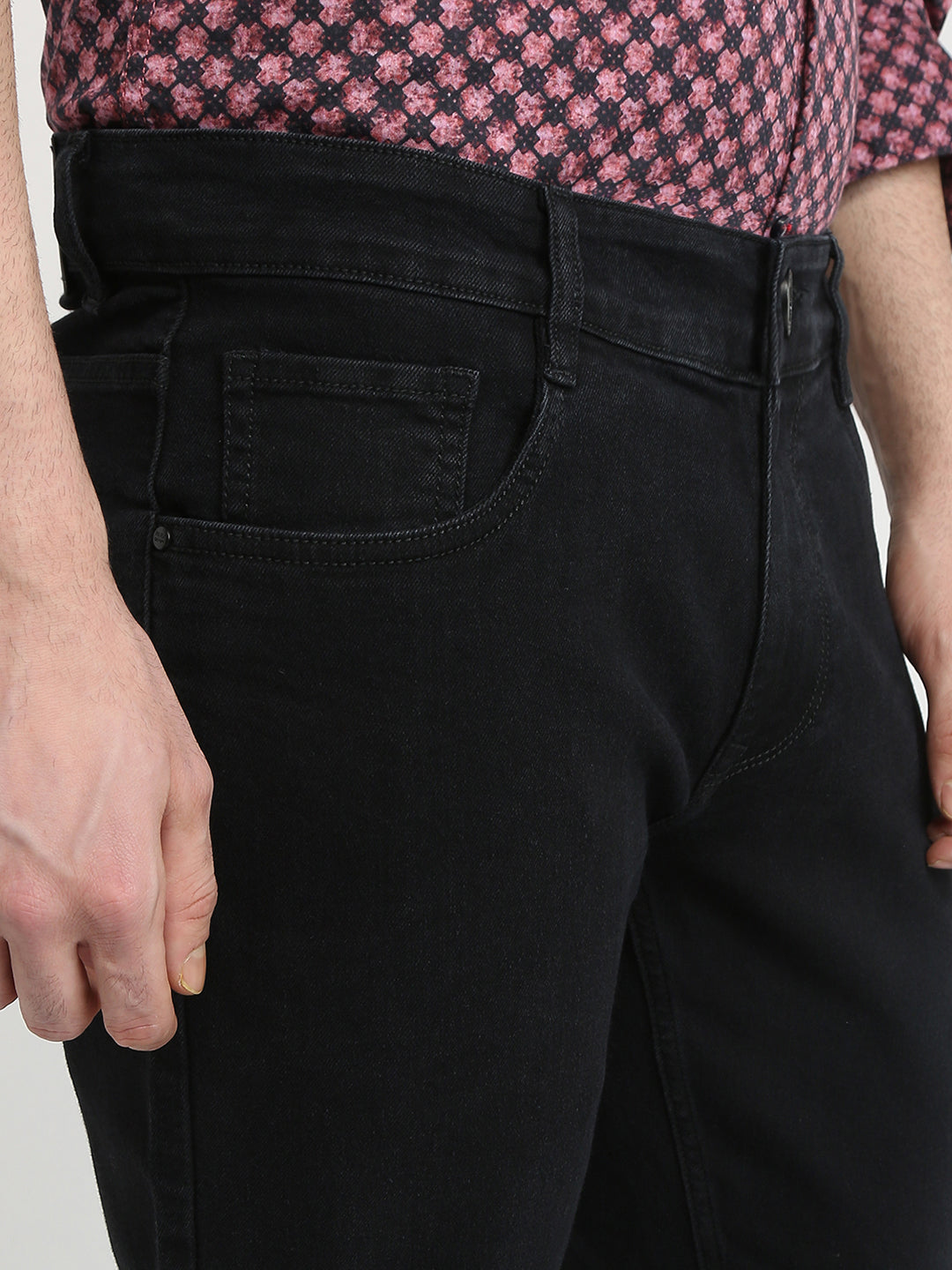 Parx Men Black Twill Low Rise Tapered Fit Cotton Blend Jeans