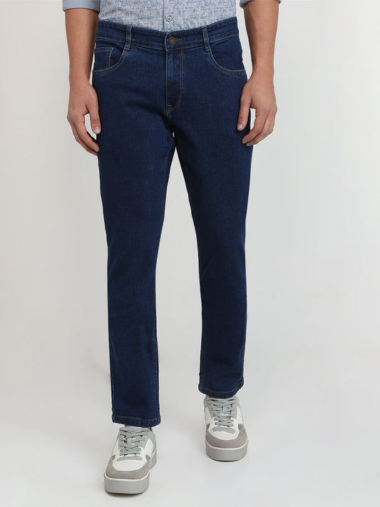 Parx Men Blue Twill Low Rise Tapered Fit Cotton Blend Jeans