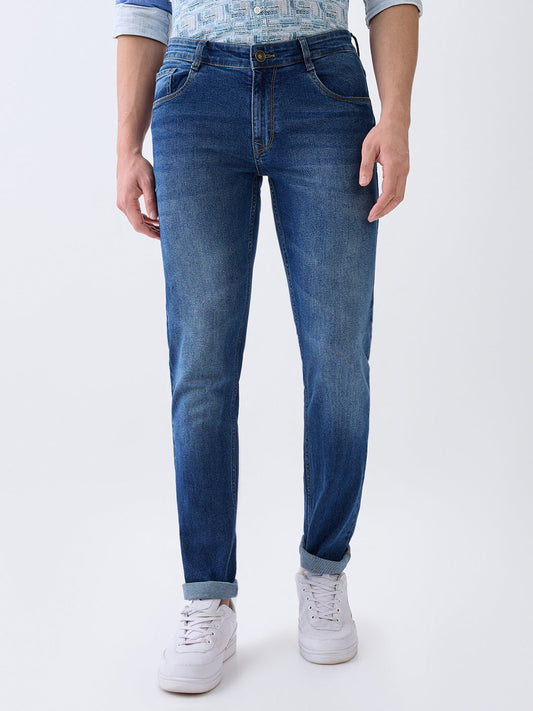 Parx Men Blue Twill Low Rise Tapered Fit Cotton Blend Jeans