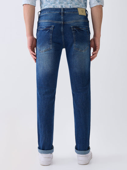 Parx Men Blue Twill Low Rise Tapered Fit Cotton Blend Jeans