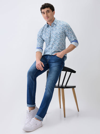 Parx Men Blue Twill Low Rise Tapered Fit Cotton Blend Jeans