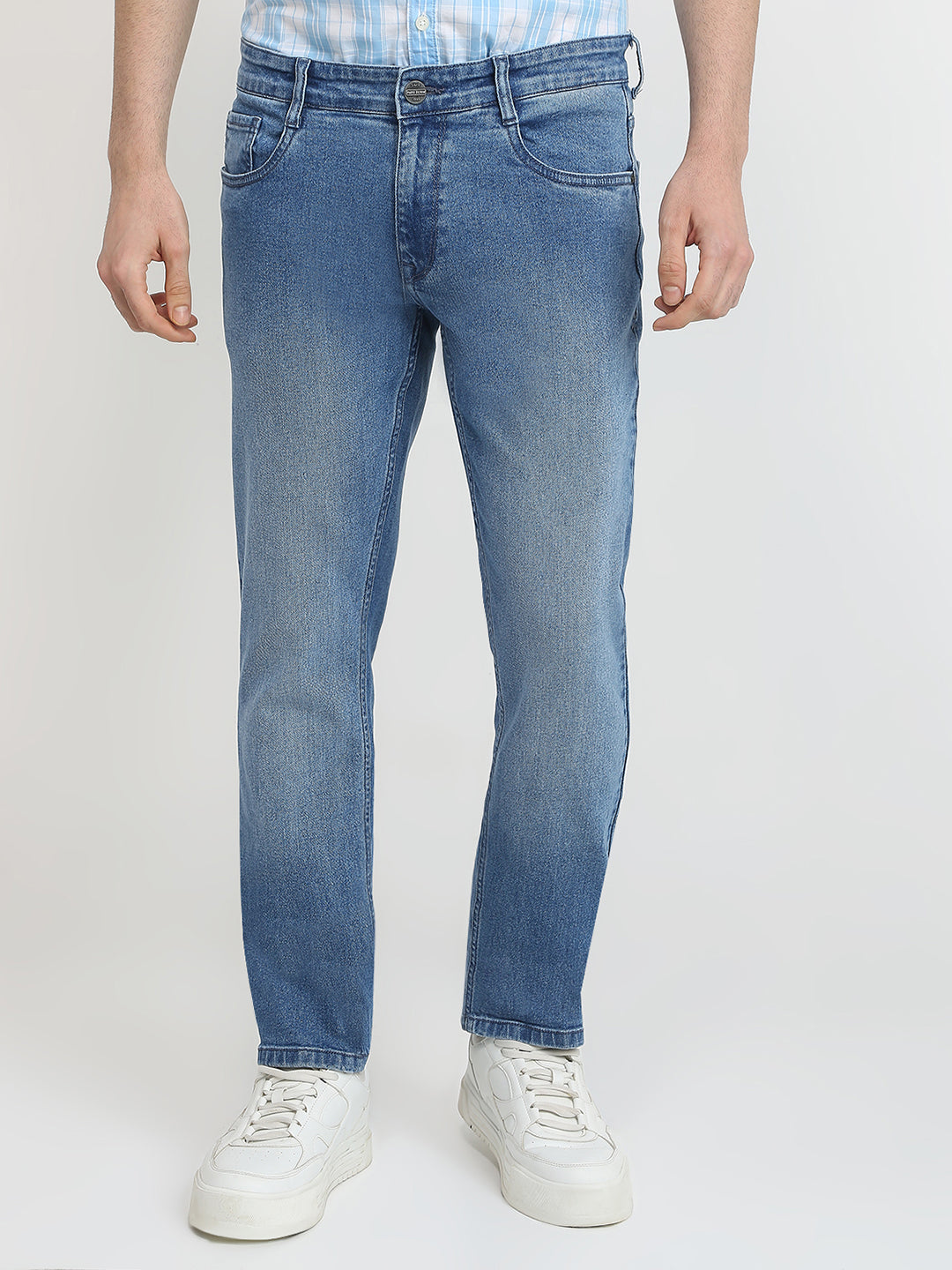 Parx Men Blue Twill Low Rise Tapered Fit Cotton Blend Jeans