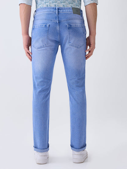 Parx Men Blue Twill Low Rise Tapered Fit Cotton Blend Jeans