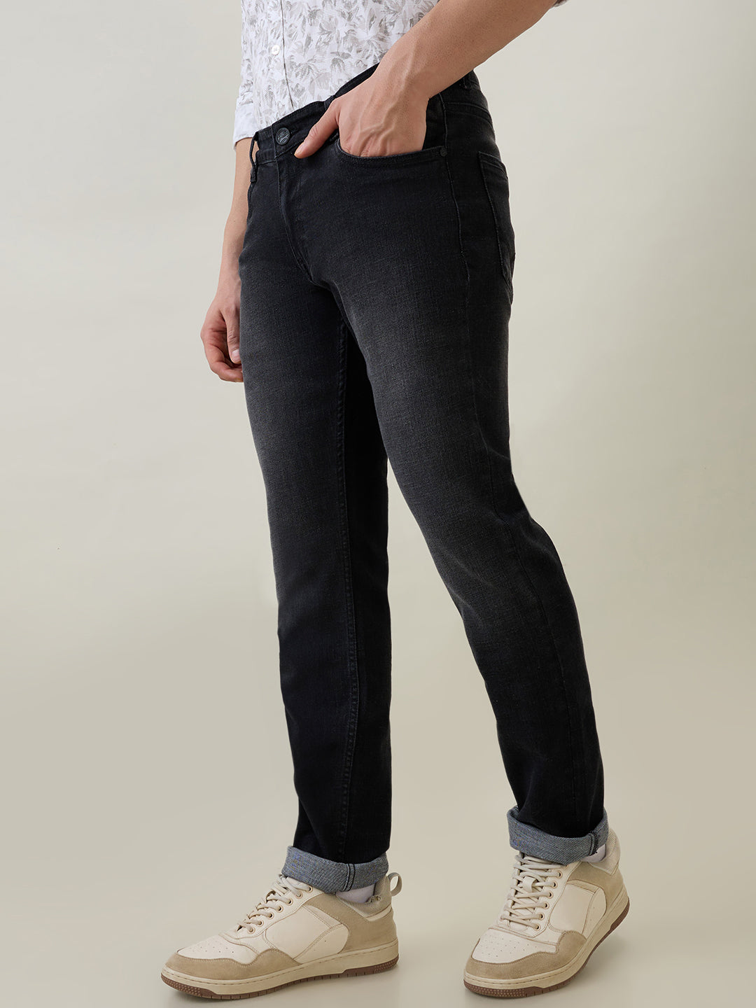 Parx Men Grey Knitted Slim Tapered Fit Cotton Blend Jeans