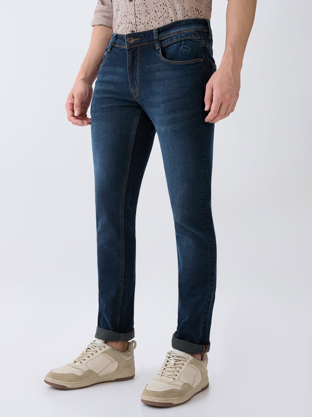 Parx Men Blue Knitted Low Rise Tapered Fit Cotton Blend Jeans