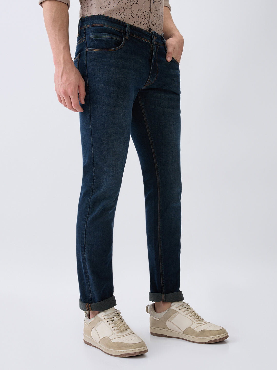 Parx Men Blue Knitted Low Rise Tapered Fit Cotton Blend Jeans