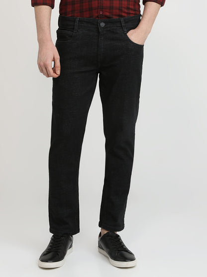 Parx Men Black Knitted Low Rise Tapered Fit Cotton Blend Jeans