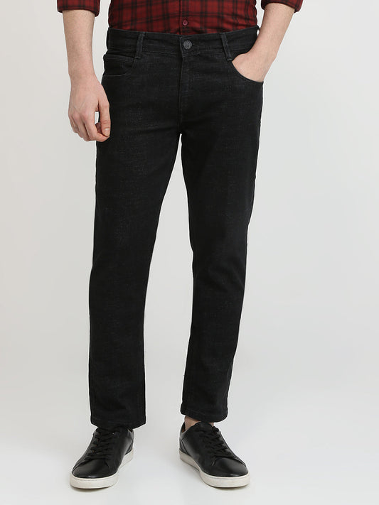 Parx Men Black Knitted Low Rise Tapered Fit Cotton Blend Jeans