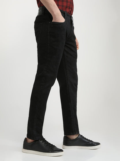 Parx Men Black Knitted Low Rise Tapered Fit Cotton Blend Jeans