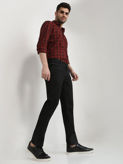 Parx Men Black Knitted Low Rise Tapered Fit Cotton Blend Jeans