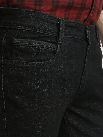 Parx Men Black Knitted Low Rise Tapered Fit Cotton Blend Jeans
