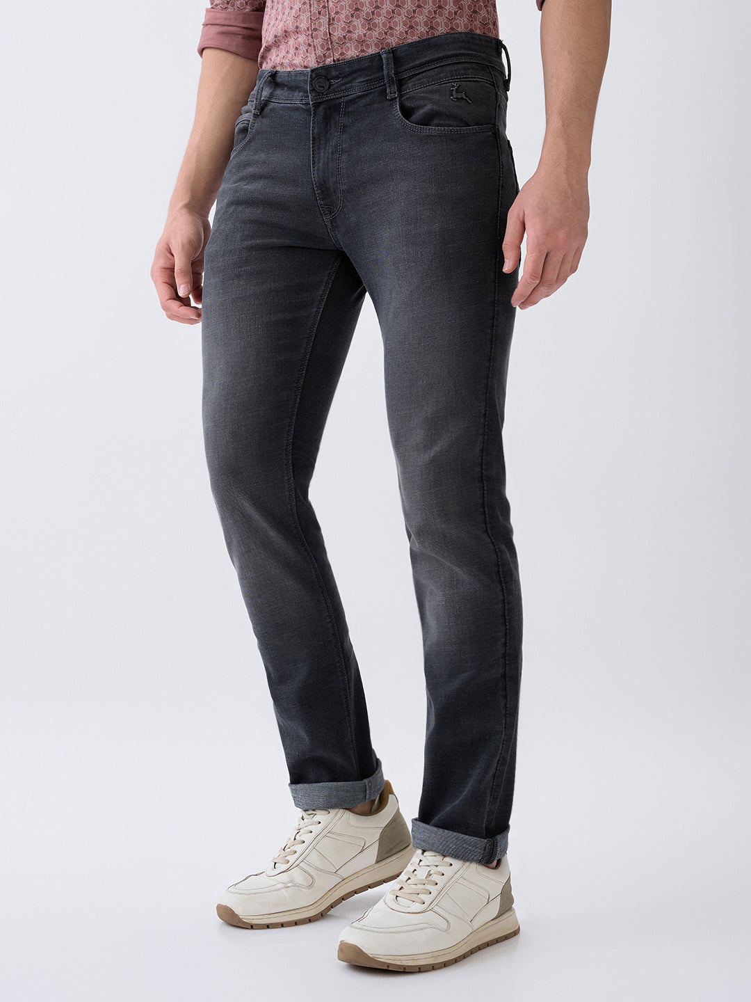 Parx Men Black Knitted Low Rise Tapered Fit Cotton Blend Jeans