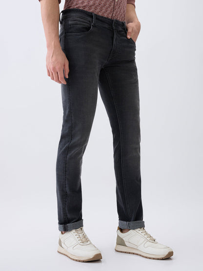 Parx Men Black Knitted Low Rise Tapered Fit Cotton Blend Jeans