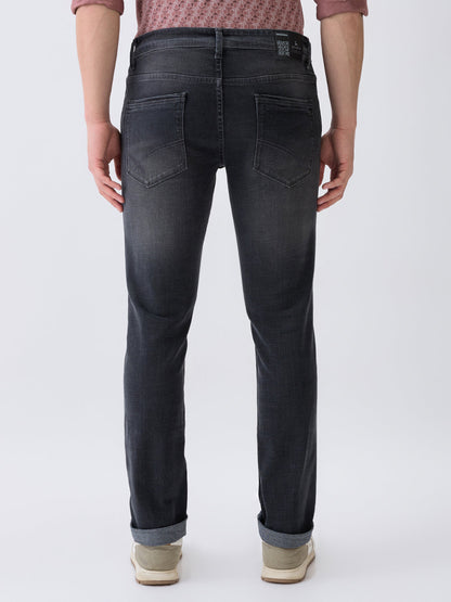 Parx Men Black Knitted Low Rise Tapered Fit Cotton Blend Jeans