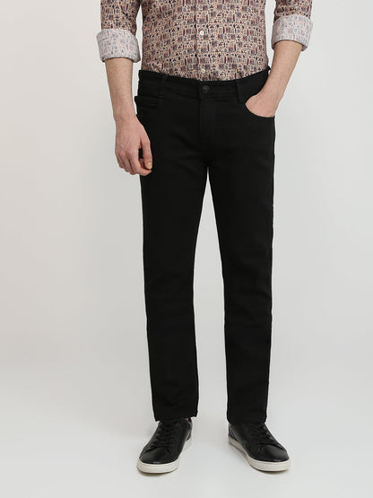 Parx Men Black Knitted Low Rise Tapered Fit Cotton Blend Jeans