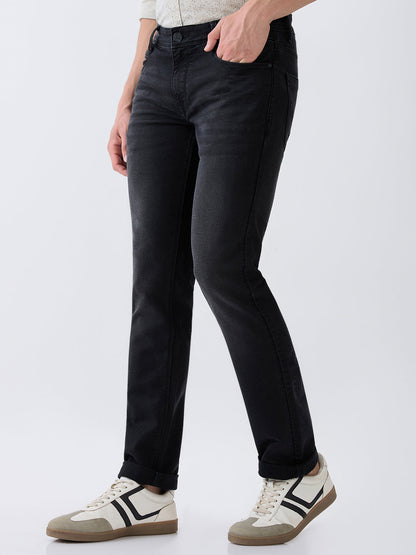 Parx Men Black Knitted Low Rise Tapered Fit Cotton Blend Jeans