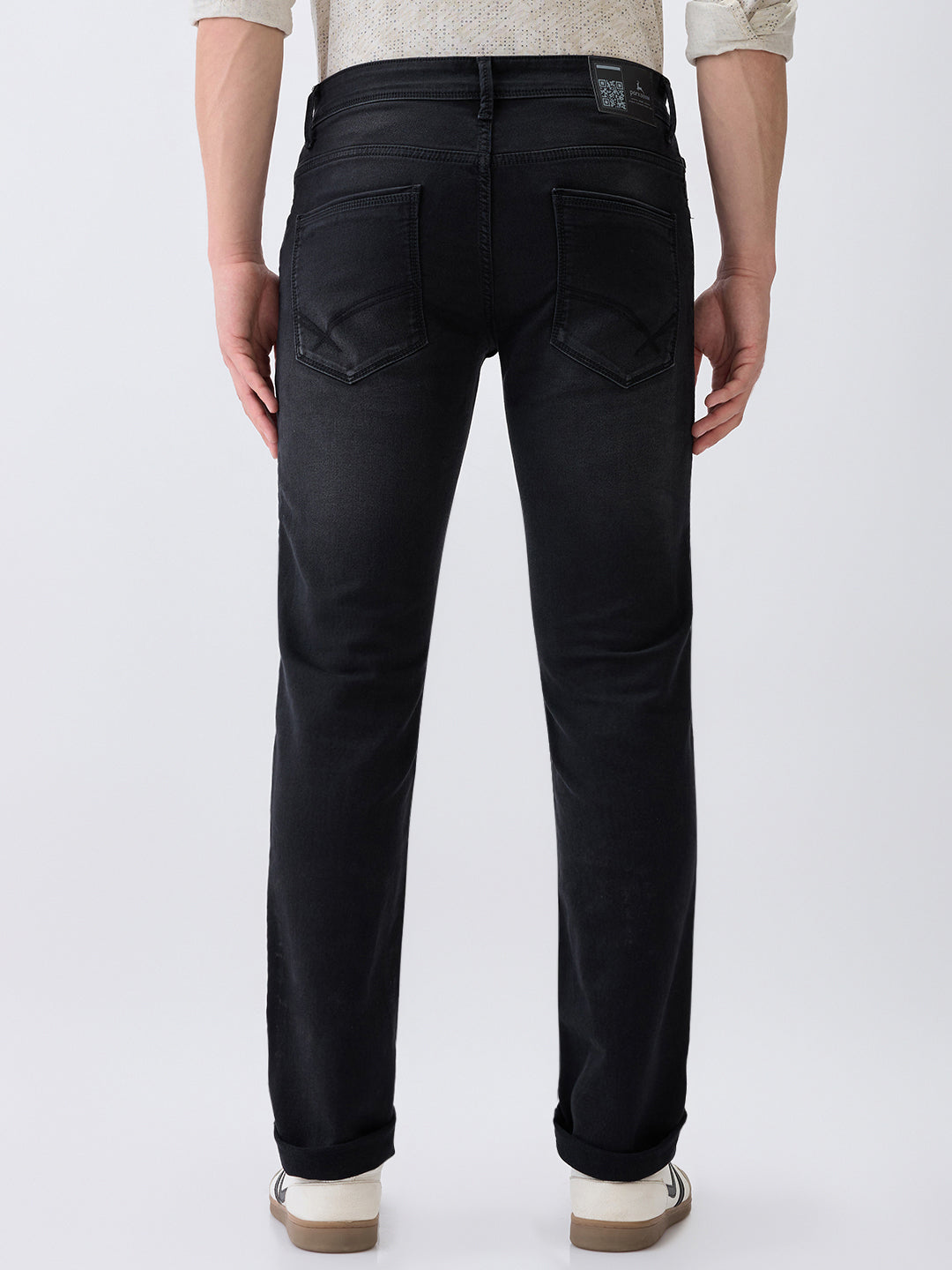 Parx Men Black Knitted Low Rise Tapered Fit Cotton Blend Jeans