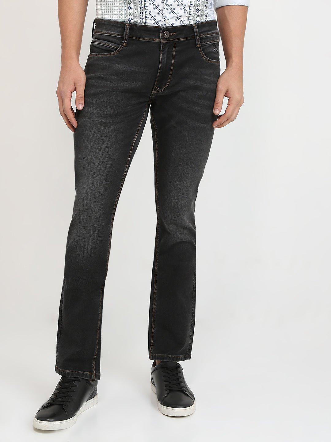 Parx Men Black Knitted Low Rise Tapered Fit Cotton Blend Jeans