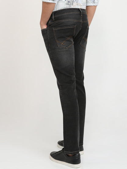 Parx Men Black Knitted Low Rise Tapered Fit Cotton Blend Jeans