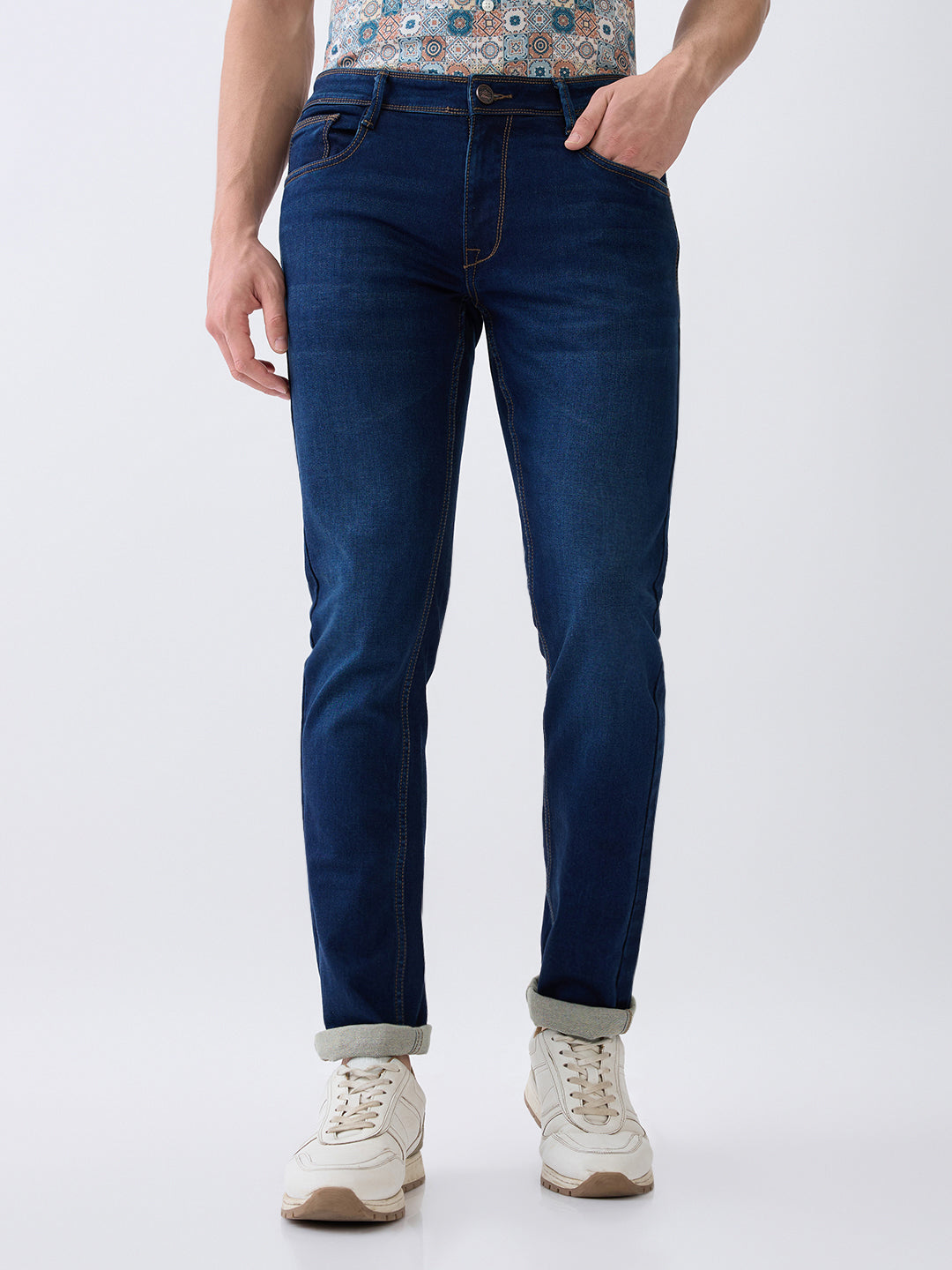 Parx Men Blue Knitted Low Rise Tapered Fit Cotton Blend Jeans