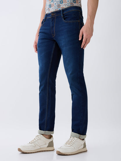 Parx Men Blue Knitted Low Rise Tapered Fit Cotton Blend Jeans