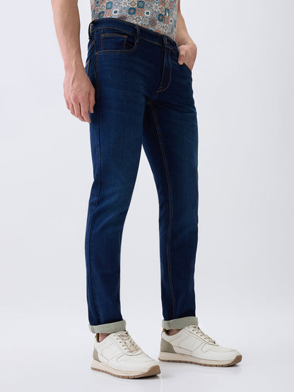 Parx Men Blue Knitted Low Rise Tapered Fit Cotton Blend Jeans