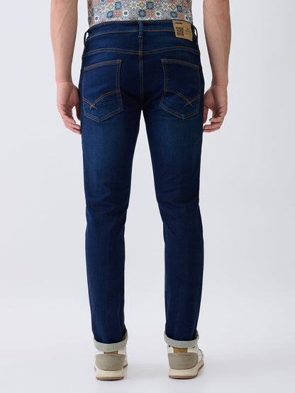 Parx Men Blue Knitted Low Rise Tapered Fit Cotton Blend Jeans