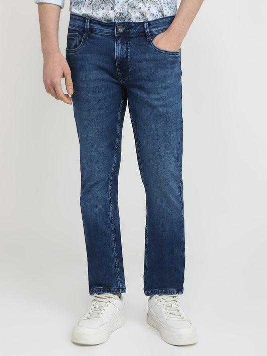 Parx Men Blue Knitted Low Rise Tapered Fit Cotton Blend Jeans