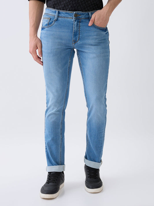 Parx Men Blue Knitted Low Rise Tapered Fit Cotton Blend Jeans