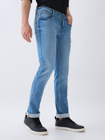 Parx Men Blue Knitted Low Rise Tapered Fit Cotton Blend Jeans