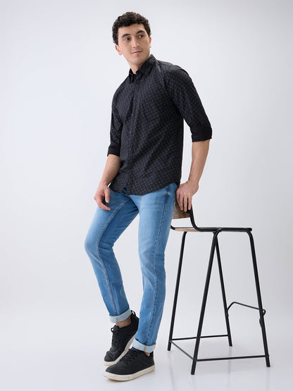 Parx Men Blue Knitted Low Rise Tapered Fit Cotton Blend Jeans