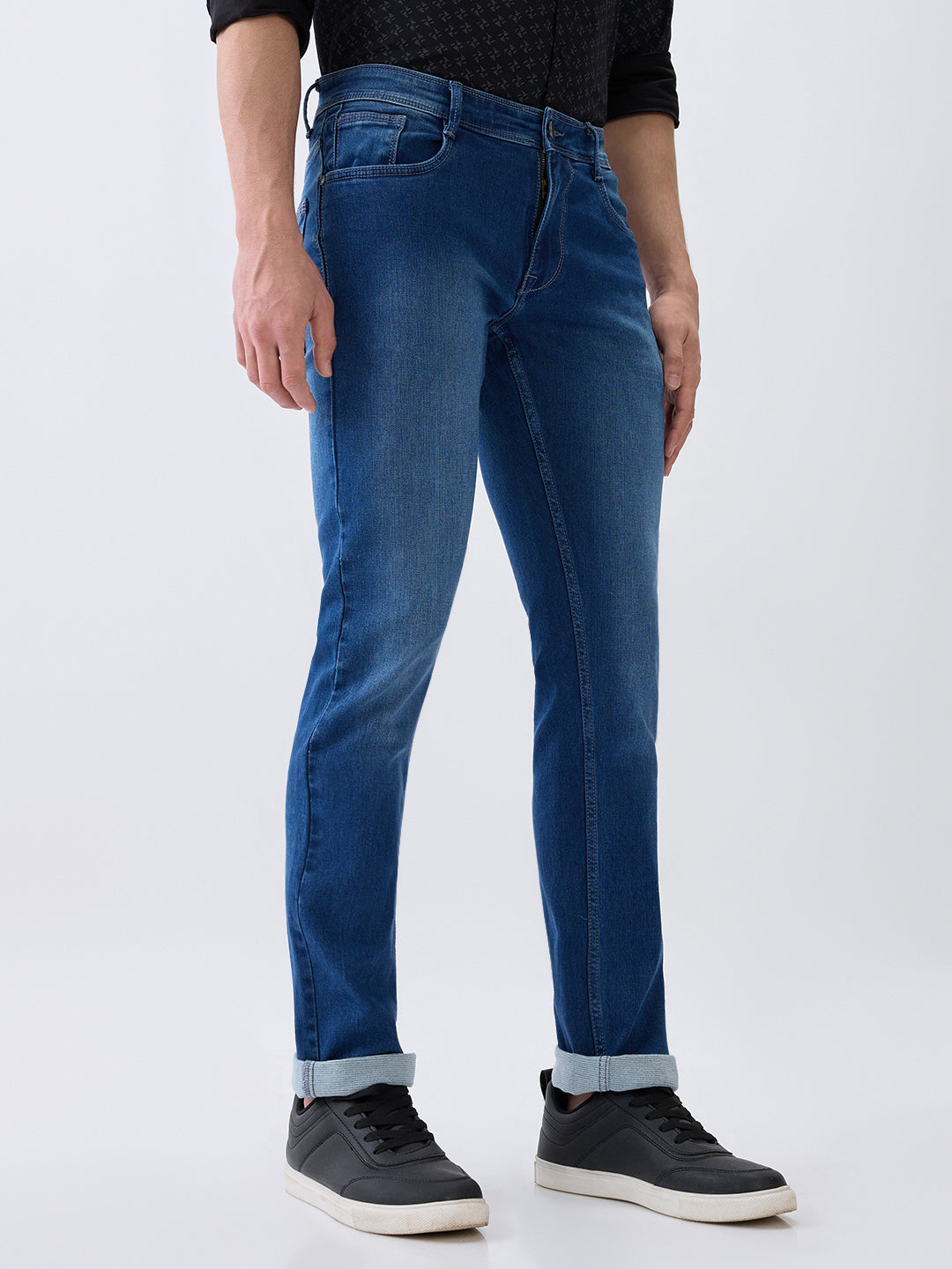 Parx Men Blue Knitted Low Rise Tapered Fit Cotton Blend Jeans