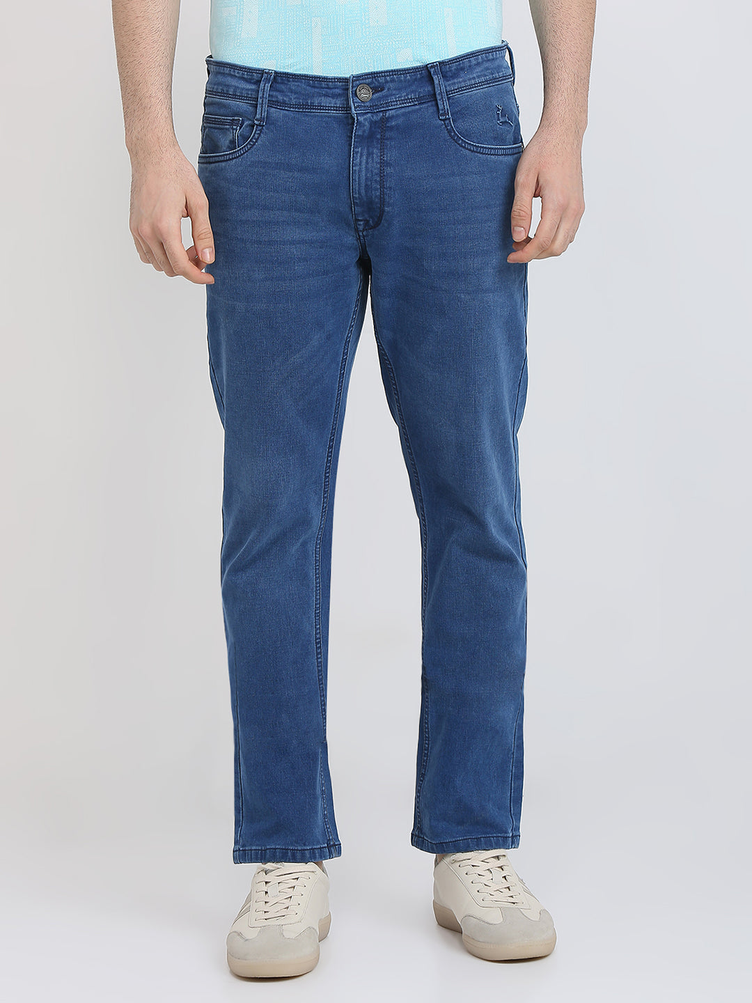 Parx Men Blue Knitted Low Rise Tapered Fit Cotton Blend Jeans