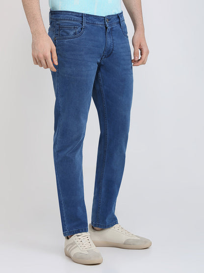 Parx Men Blue Knitted Low Rise Tapered Fit Cotton Blend Jeans