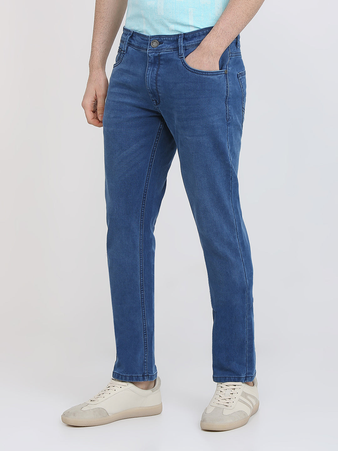 Parx Men Blue Knitted Low Rise Tapered Fit Cotton Blend Jeans