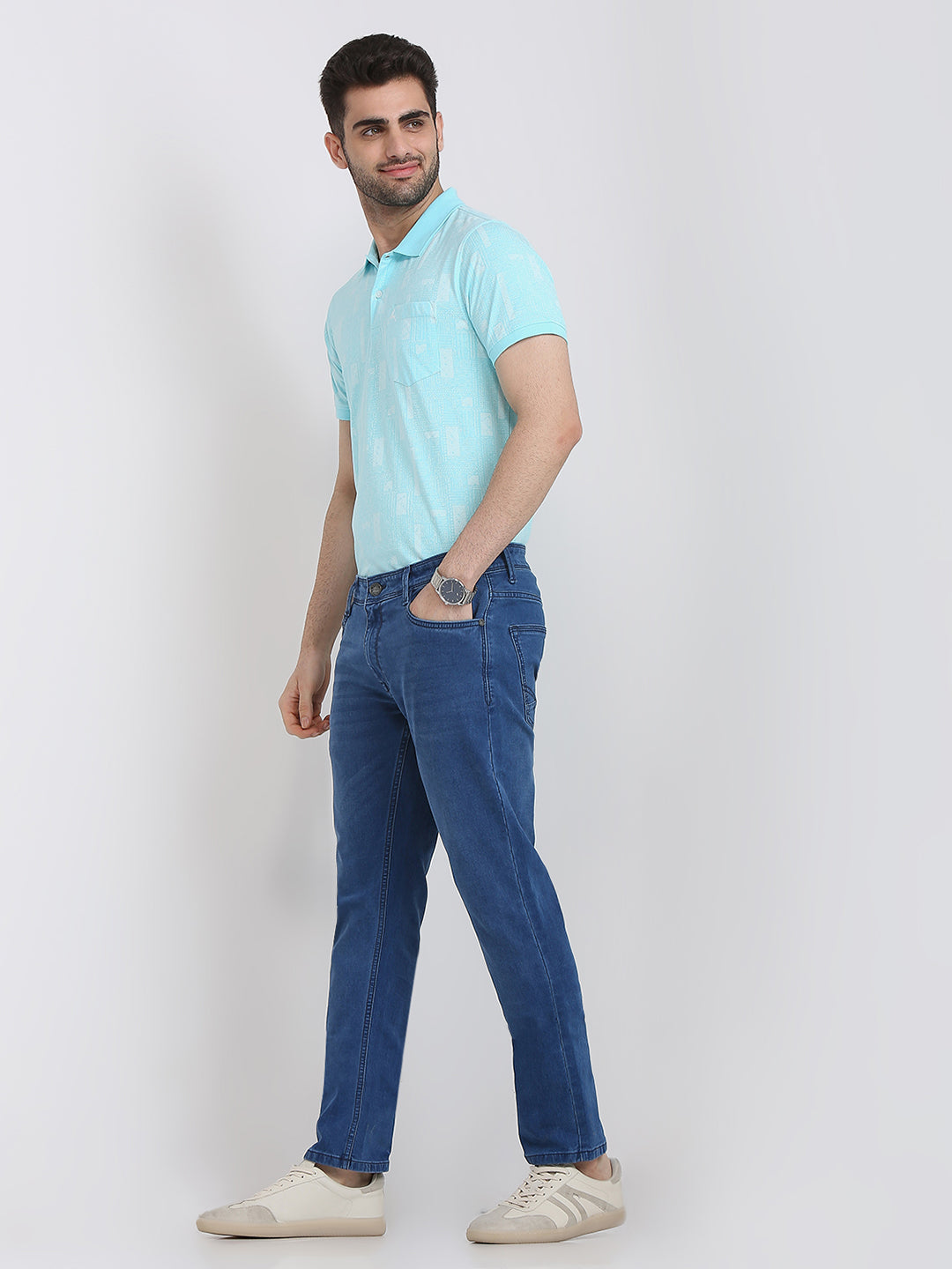 Parx Men Blue Knitted Low Rise Tapered Fit Cotton Blend Jeans