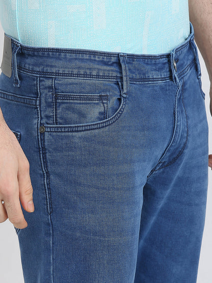 Parx Men Blue Knitted Low Rise Tapered Fit Cotton Blend Jeans